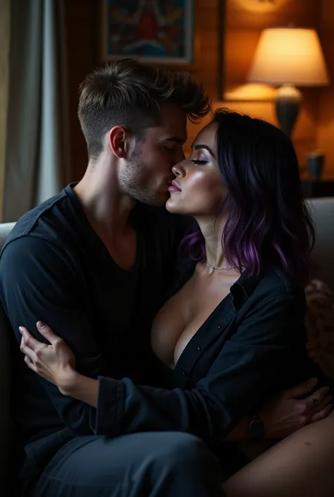 inside cabin at night handsome Caucasian man with detailed  blue eyes, short messy brown hair, muscular built, chiseled face, with tattoos, wearing black sweat pants , sharing their first kiss, Beautiful woman shoulder length black dark purple ombre hair, ...