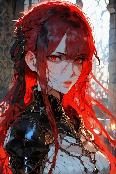  beautiful woman ,  in the front full body image ,  red hair pulling in the dark with locks of black hair,  long hair with a medieval hairstyle ,  and yellow and red eyes ,  in white leather, and degraded black lavios ,  of clothing attached to the body . 