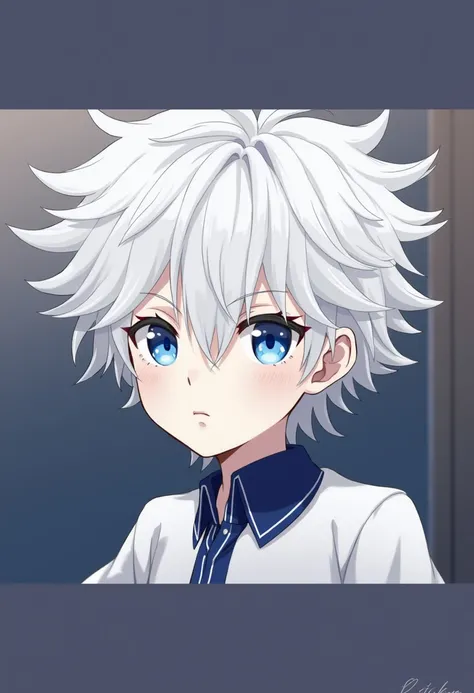 young boy with white hair and blue eyes. He had a serious expression on his face and was wearing a white shirt with a blue collar