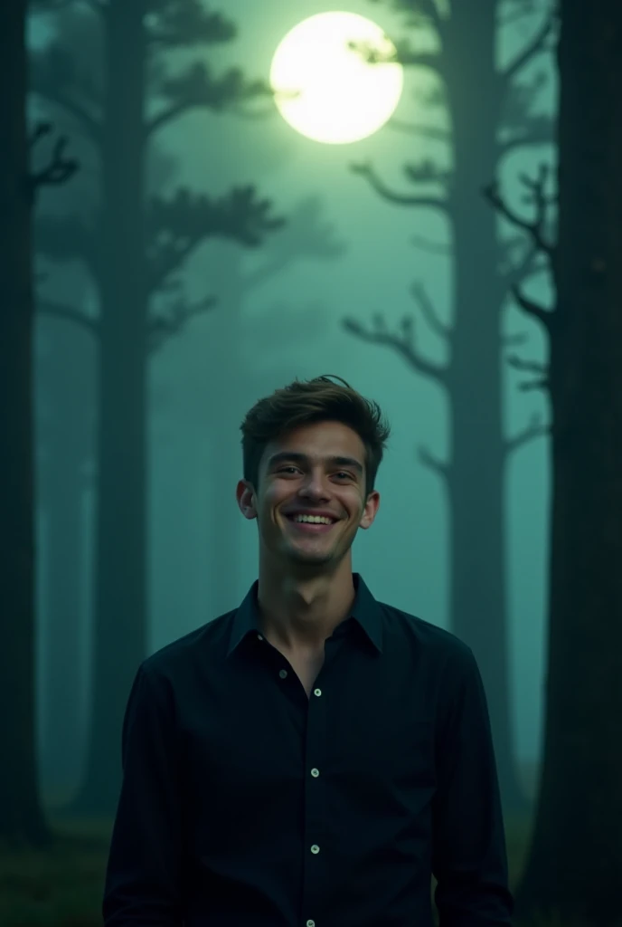 "A hyper-realistic image of a young man standing in a misty forest at night. The background includes a glowing full moon and tall trees, creating a serene atmosphere. The man is wearing a dark shirt and is facing forward, looking directly at the viewer wit...