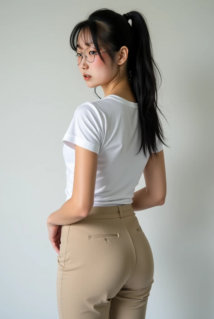 masterpiece, top grade, Beige pants , white tee,japan,30 year old woman, protruding hips ,I can see your face,looking at camera,highly detailed face, ponytail, big butt,contour
, Full body shot, Full body shot, white tee,  with black bottom , The bra line ...