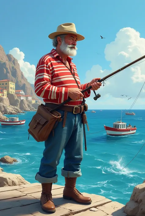 A man wears a red and white striped shirt and he is fishing for sardines 