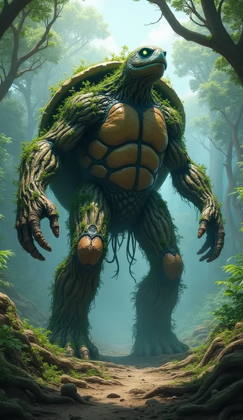 create 32k massive, muscular, and dangerous hybrid of a sea turtle and Groot standing tall in a mystical forest, surrounded by towering trees and vibrant flora. This untamable creature has the enormous, armored shell of a sea turtle, now covered in wood-li...