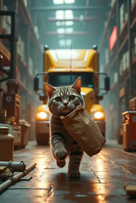 Create images of A cat who is working hard in a factory. He is walking with a bag of groceries and a truck is running behind him in the factory. create a image for YouTube shorts size 