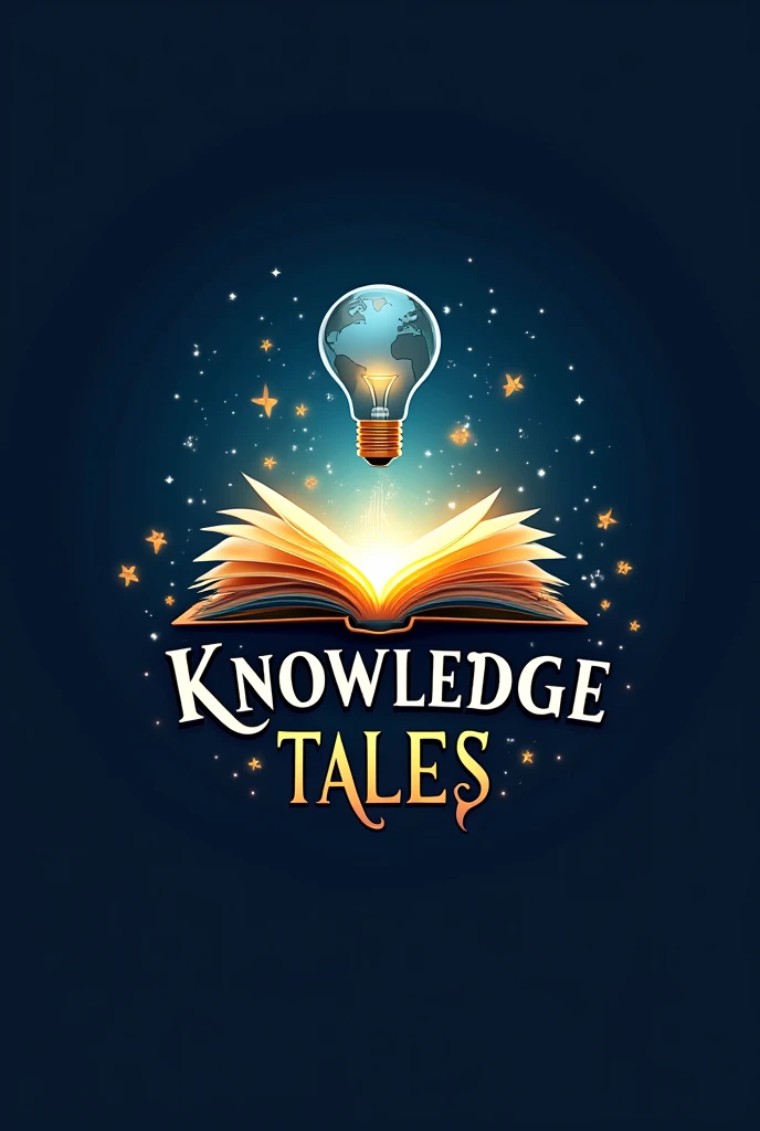 A modern and creative logo for a YouTube channel named Nikhils Knowledge Tales. The design should feature an open book with glowing pages, symbolizing knowledge and storytelling. Include subtle elements like a globe or a lightbulb to represent learning and...