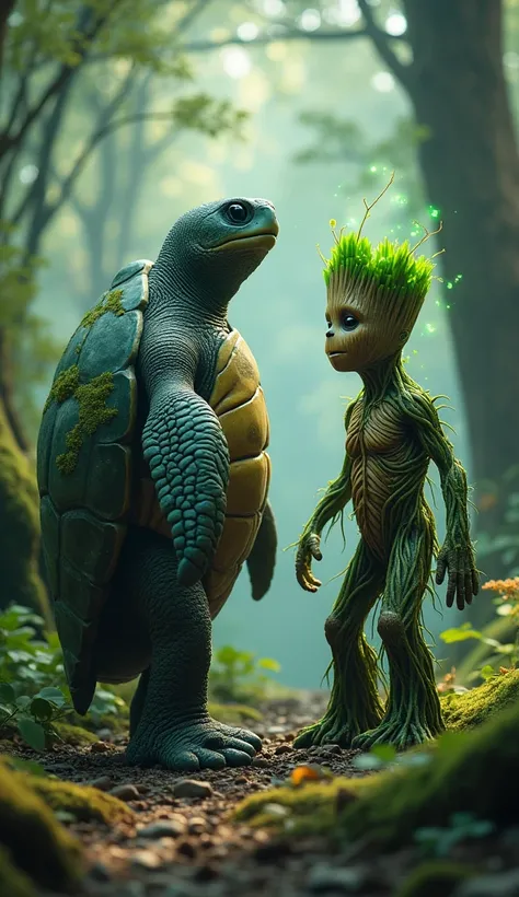 create 32k sea turtle and Groot stand in the same frame in a mystical forest environment, each in their original forms. The sea turtle stands, its ancient, rugged shell covered in deep oceanic greens and blues, with patches of moss growing along its surfac...