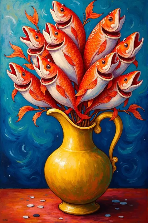 Van Gogh style golden vase with laughter salmon painting 