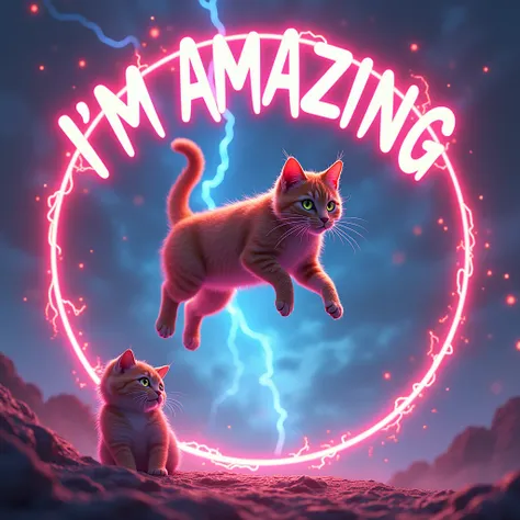 6. 「I’m amazing.」
Prompt: A dazzling cat mid-leap, jumping through a glowing hoop held by another animal in awe. Sparkles trail behind it as the words "I’m amazing." flash in giant, electrified font across the top of the image, matching the cat’s bold ener...