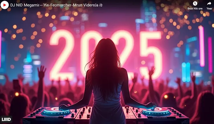 The YouTube cover image for DJ NIDs "New Years Eve Megamix: Best Hits of the Year" bursts with celebratory energy and vibrant visuals. At the forefront, DJ NID is showcased in a dynamic pose, spinning tracks behind glowing, high-tech turntables. Her silhou...