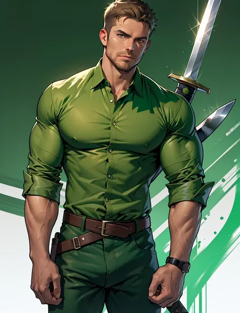 1 man, male focus solo,45 yo man,Stephen AMELL as green arrow,  lean muscle, ((open dark green shirt, dark green jeans with brown belt)) ,(( big bulge)), full body shot, dark blond short hair, well groomed facial hair, (((holding a sword with one hand))), ...