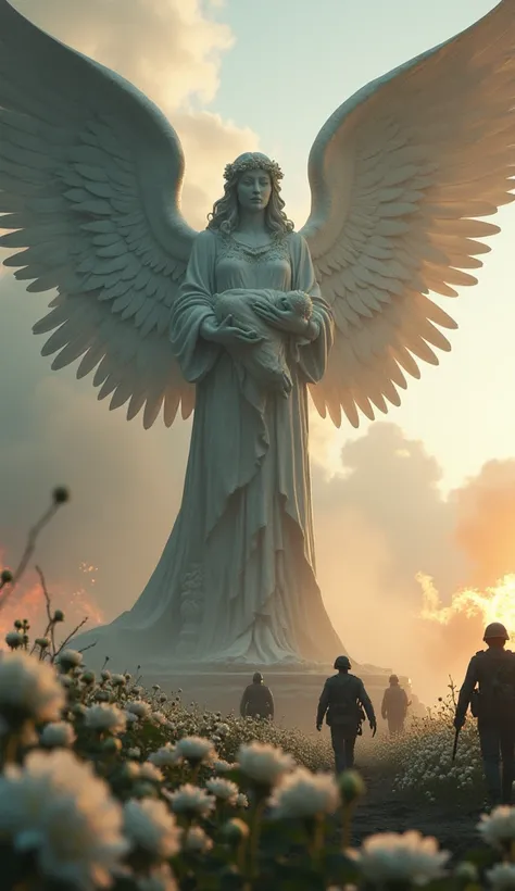 A cinematic and hyper-realistic fantasy artwork depicting a colossal angelic statue with immense wings holding a lifeless  in its arms amidst a war-torn battlefield. The angel’s expression is sorrowful yet serene, crowned with delicate white flowers, while...