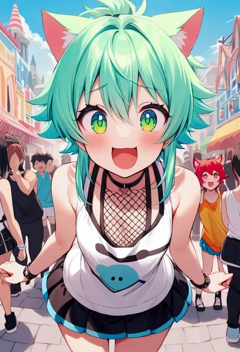 Overly enthusiastic cat girl (cute age 22, tank top, mini skirt, fish nets, adorable hairdo), she is acting incredibly adorable enthusiastically flirting with viewer, crowded theme park
