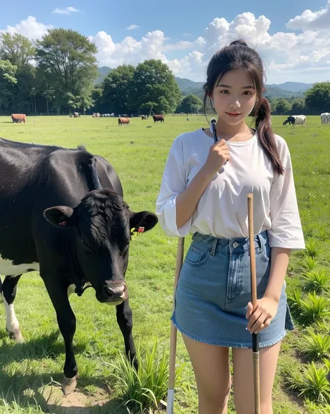 Please draw a picture of a young woman wearing a Burmese shirt holding a stick in front of a green field and herding cows