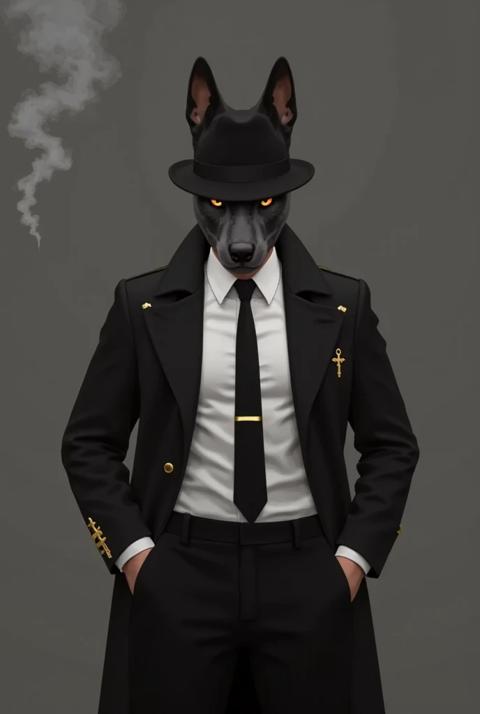 ,(masterpiece, best quality, absurdres, highres), amazing quality, very aesthetic,((1man:1.2)),solo, man,Stylized illustration of Anubis, film noir detective. Jackal head with piercing, slightly glowing eyes. Black trench coat, white shirt, black tie, fedo...