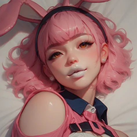  hairstyle is bob　Hair color is indigo　Young Japanese woman with bangs 　Skin is white　Lipstick is pink 　My cheeks are pink 　Clothes are white cropped 　 wear a black headband with rabbit ears　Face down, please　 young Japanese women please 　 the atmosphere i...