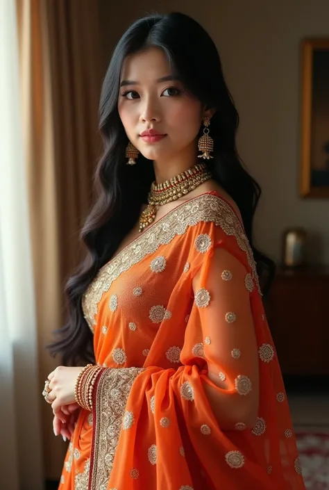 "Create a photorealistic, full-length image of a 23-year-old beautiful Korean woman. She has flawless, fair skin, long silky black hair, and bright expressive eyes. She is dressed in a stunning traditional Indian outfit, such as a vibrant saree or lehenga,...