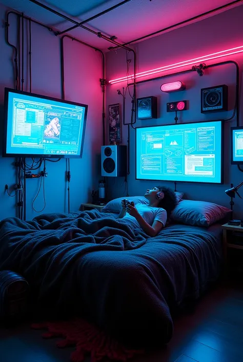 "Create a futuristic cyberpunk-themed bedroom with dim neon lighting in shades of blue and pink, casting a moody glow over the space. Place a cluttered bed with a dark, textured blanket and pillows, surrounded by high-tech gadgets and screens displaying gl...