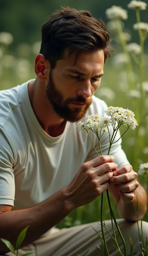 Extremely realistic and humanistic image of the soccer player Messi, picking flowers 