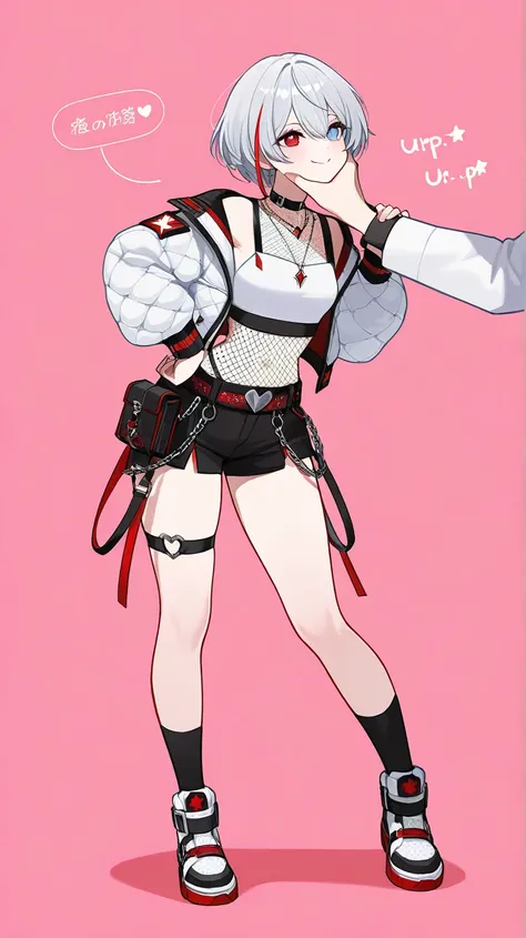 1girl, short hair, silver hair, solo focus, Highress, 2k, full body illustration, 
Eyes:
heterochromatic, left eyes is blue, right eyes is red. 
Clothing Description:

Top: Wearing a white crop top with black straps, layered with black mesh covering the ne...