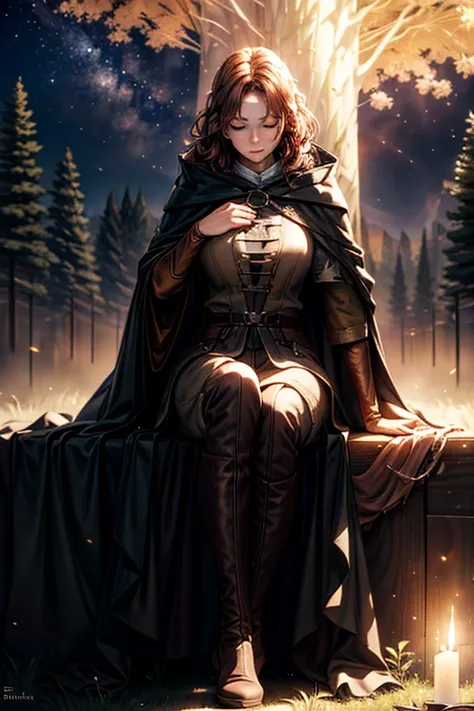 best quality, masterpiece, melina (elden ring),1 girl, solo, brown hair, curly hair, black cloak with hood,orange eyes,tunic,belt,boots,full body, ashes and sparks in the air, (closed left eyes:1.5),(Scar on left eyes:1.5), 8k, high resolution, ultra detai...