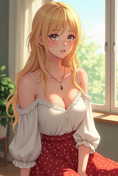  The image shows a young woman with long blond hair, slightly wavy,  that falls freely on his shoulders .  Her skin is clear and her facial expression is serene ,  with soft lips and expressive eyes .  She wears a white blouse with bare shoulders with a bo...