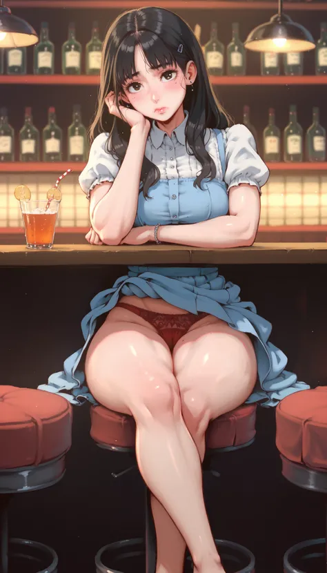 A clueless girl , sitting, very shy, in a restaurant , dress ,red panties, panties under the skirt with a lot of dark hair ,  Dark pubic hair , You can see the , 8K, HDR-10,  super detailed , seen from under the skirt,Hands on the bar ,having a drink,Waist...