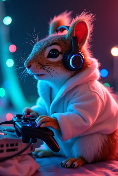  I would like to create a sitting gamer squirrel with a gamer headset and an LED setup,  in profile with New Years Eve clothes  (white clothes) Taking advantage of New Years Eve  