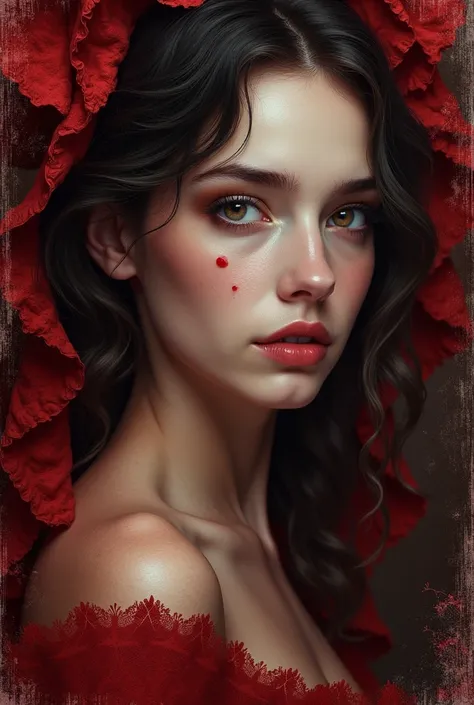 You can create a book cover that is called  "Between the pages of Scarlet "  in the background you can add a pretty girl with black eyes and two moles,  one below her left eye and the other one below her lip  