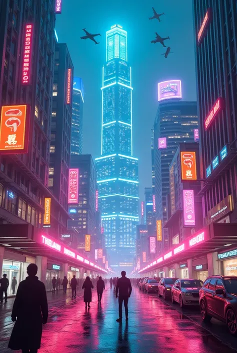 " Create a virtual video with a futuristic atmosphere ,  set in a city illuminated by neons during the night .  The setting must include skyscrapers with giant holograms , flying cars,  and robotic pedestrians interacting with humans .  The soundtrack must...