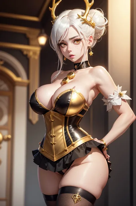 Anime, Female, White Hair, Gold Eye Color, Large Gold Antlers, Face Freckles. Twirly Cute Hair updo, Black Corset, Black Mini Skirt, Pale skin, Big Breasts, Thin Waist, Thick Thighs, Thigh High Socks, Neck Choker with a bell, Gold Jewelry, ultrasharp, 8K, ...