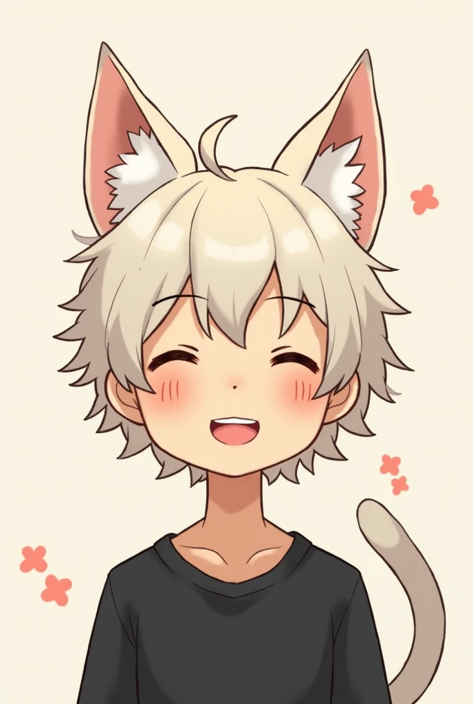 A man who has white hair and cat ears and has a smiley face and wears a black shirt 