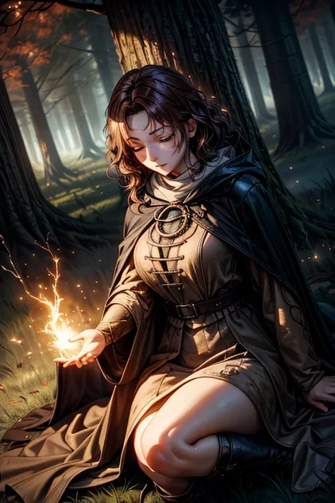 best quality, masterpiece, melina (elden ring),1 girl, solo, brown hair, curly hair, black cloak with hood,orange eyes,tunic,belt,boots,full body, ashes and sparks in the air, (closed left eyes:1.5),(Scar on left eyes:1.5), 8k, high resolution, ultra detai...