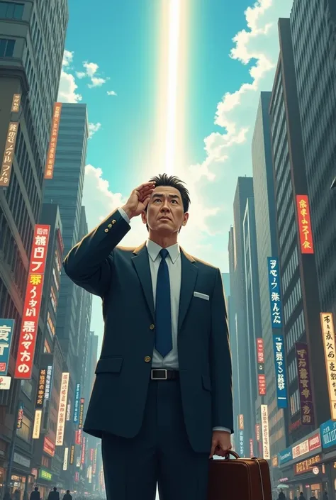 Make a Japanese man in a suit and briefcase in a Japanese city looking at a flash in the sky 