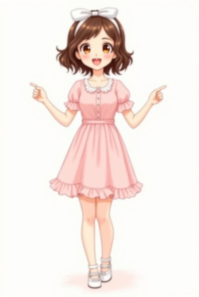  Drawing Format, white skin , brown eyes,  short brown wavy hair,  pink dress ,  white shoe,white bow in hair ,smiling pose😊