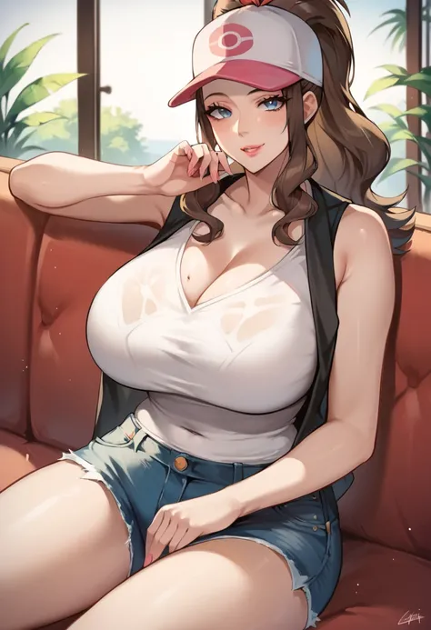 1girl, mature female, older, huge breasts, milf, motherly, wide hips, curvy, hilda (pokemon), baseball cap, sleeveless, black jacket, white t-shirt, denim shorts collarbone, lips, score_9, score_8_up, score_7_up, score_6_up, source_anime, Accurate describe...