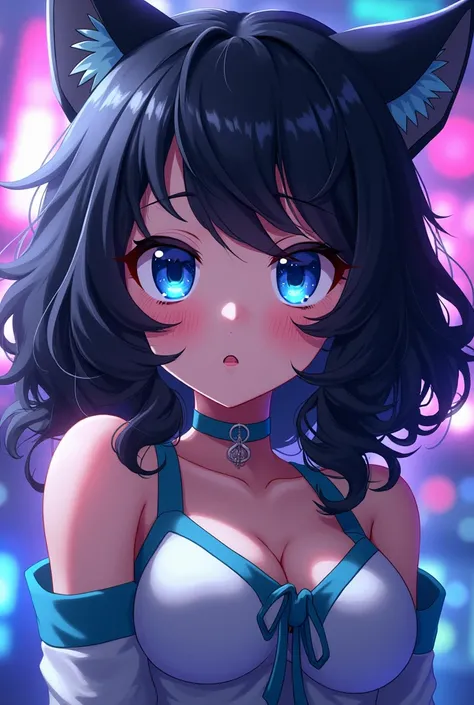 Super sonico with black curly hair and blue eyes