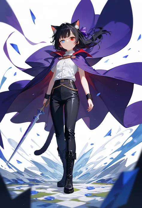 Black Hair少年，Around fifteen years old，Black Hair，Cat ears，Cat tail， purple cape，Heterochromia，Red left eye，Blue right eye， white shirt ， purple cape，Standing，whole body， is open to the audience， white background，masterpiece， HD，4K， detailed facial portraya...