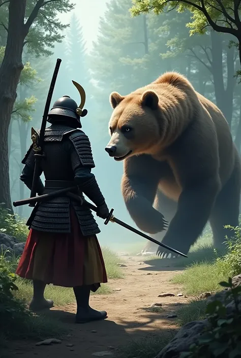 Draw a picture of a samurai with an adult bear,   The bear moves away from the samurai