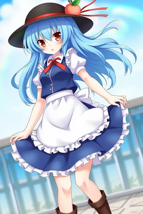 masterpiece,best quality,anime coloring, 1girl, tenshi hinanawi, touhou, black hat with a peach and a leaf, red-brown color eyes, white skin, blue-sky color hair, brown boots, sexy body, looking at viewer, red ribbon, apron, blue hair, black hat, blue skir...