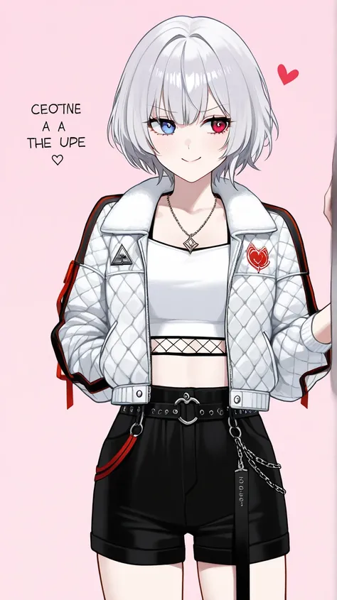 1girl, short hair, silver hair, solo focus, Highress, 2k, face details. 
Eyes:
heterochromatic, left eyes is blue, right eyes is red. 
Clothing Description:

Top: Wearing a white crop top with black straps, layered with black mesh covering the neckline.

O...