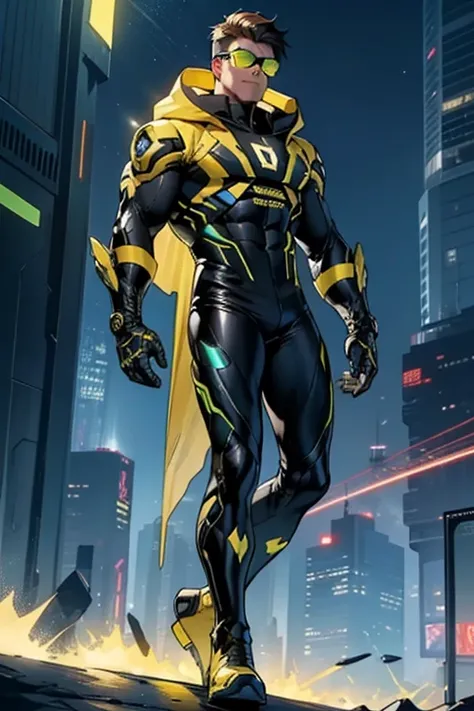 Conceptual design of a male superhero wearing a black costume with yellow details, yellow boots and bracelets, focusing on the design of the costume, accessories and sides. Black technological fabric with yellow applications and geometric lines that resemb...