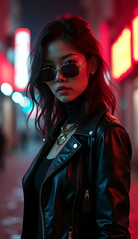 Asian woman (age:1.1), (ethnicity:1.2),  (detailed clothing:1.2), (accessories:1.1) wearing black leather jacket, sunglasses, (detailed clothing:1.2), (detailed skin texture:1.2),  (facial features:1.3), (expression:1.2)  (body type:1.1) with a serious and...