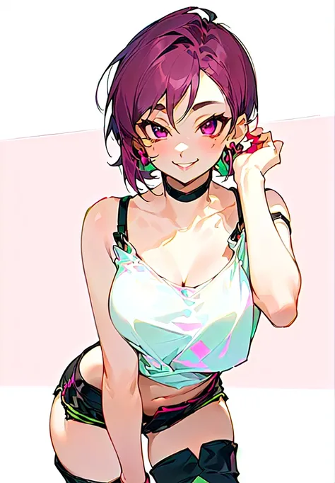 (((a young woman))), ((((((solo)))))), (((Ayase Momo from Dandadan))), (((short hair))), (((wine-colored hair))), (((magenta eyes))), (((medium breasts))),thick thighs, with (((a white top with straps))), (((tight black shorts with pink details))), (((long...