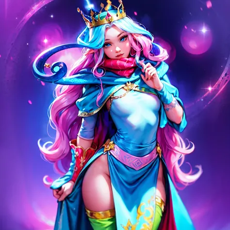 Woman, long wavy hair, blue eyes, pink hair, elf, sexy, sexy pose, queen, crown, magical background, shiny eyes , Dress 