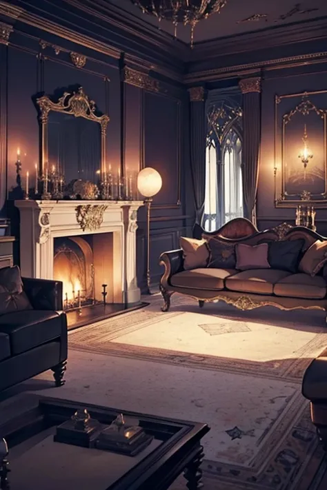 Interior, victorian Manor with reliquies, (((Nigth))), (((moonligth enters the living room))) soft pale orange palette, soft violet secundary exterior ligth 