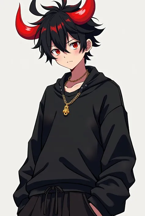 Male anime-style character with black hair with a red tuft in the middle of his hair and not very large red horns on top of his hair, a medium face would be and black hip hop style clothes smaller, the horns and the silver chain, but now put on a black hoo...