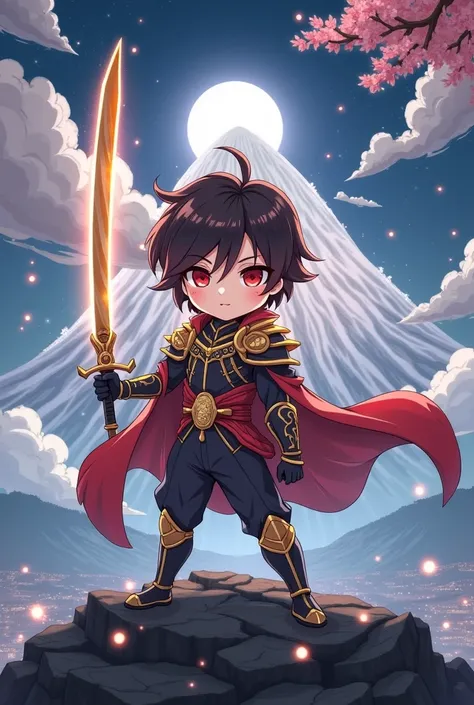 The superhero ((( chibi))) is atop Mount Fujis snowy peak under the full moon ,  surrounded by glowing orbs of spiritual energy .  Your elegant and tall attire Technology is enhanced with samurai-inspired shoulder armor and subtle sakura patterns shining s...