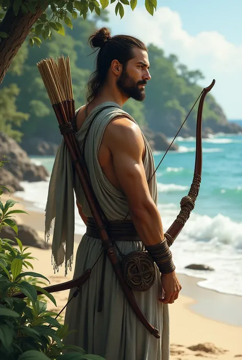 An ascetic man, mid 20s, calm, holding an intricately designed bow, with a quiver on his back, indian, standing near beach with forest in backdrop, haris tied in a bun, well built, clean shaven