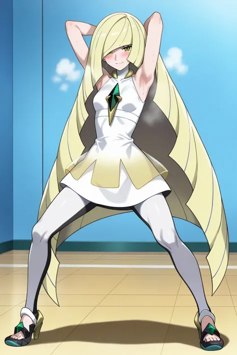 score_9, score_8_up, score_7_up,masterpiece, best quality, (anime screencap),(source_anime), anatomically correct,
(front view,girl focus),(1girl,solo),(lusamine/(pokemon/)),mature female, very long hair, gem, sleeveless dress, short dress, white leggings,...