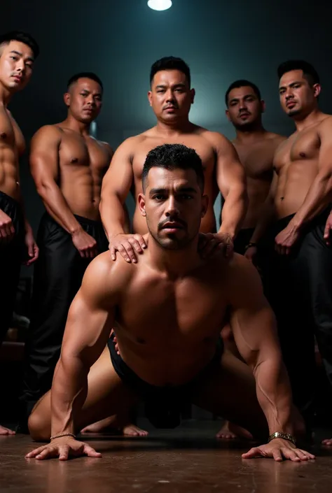 muscular mexican man on all fours,group of masculine chinese men,one chinese man standing behind mexican man,penetrating,highly detailed,photorealistic,cinematic lighting,dramatic chiaroscuro,strong shadows,vivid colors,intricate details,beautiful renderin...